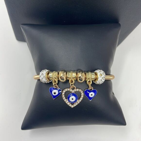 Gold Evil Eye Heart Charm Stretchy Bangle Bracelet - Picture 5 of 6